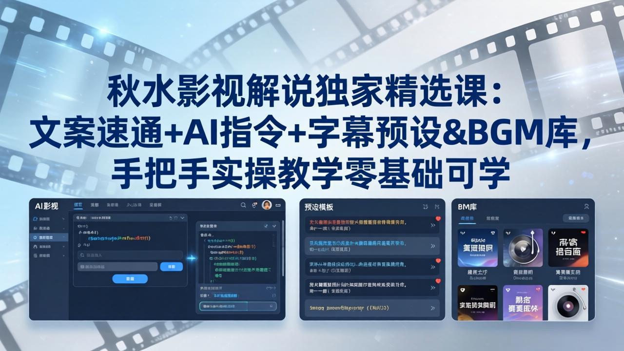 秋水影视解说独家精选课：文案速通+AI指令+字幕预设+BGM库，手把手实操教学零基础可学|协议软件打粉软件