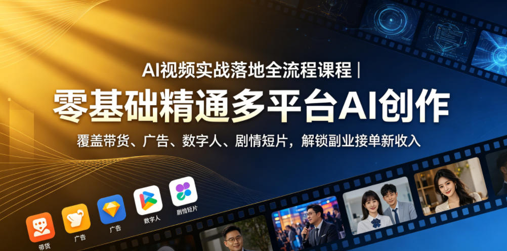 AI视频实战落地全流程课程｜零基础精通多平台AI创作，覆盖带货、广告、数字人、剧情短片，解锁副业接单新收入|一人科技公司导航
