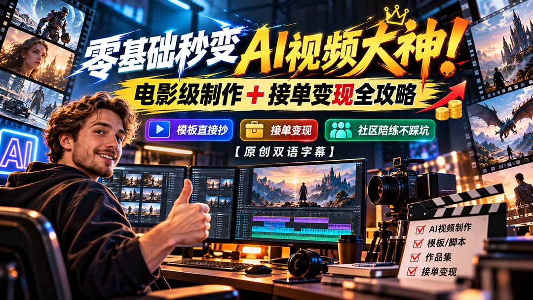 零基础秒变AI视频大神！电影级制作 + 接单变现全攻略，模板直接抄，社区陪练不踩坑【原创双语字幕】|一人科技OPC聚合软件