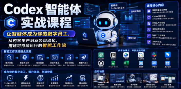 Codex智能体实战课程，让智能体成为你的数字员工，从内容生产到业务自动化，搭建可持续运行的智能工作流|一人科技OPC聚合软件