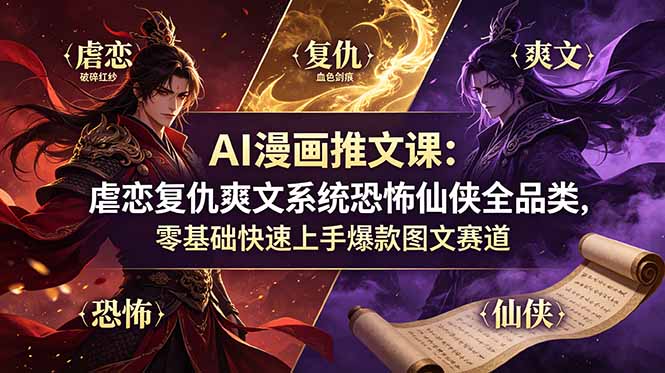 AI漫画推文课：虐恋复仇爽文系统恐怖仙侠全品类，零基础快速上手爆款图文赛道|一人科技公司导航