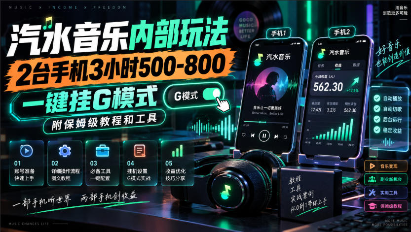汽水音乐内部玩法，2台手机3小时500-800，一键挂G模式，附保姆级教程和工具【揭秘】|一人科技OPC聚合软件