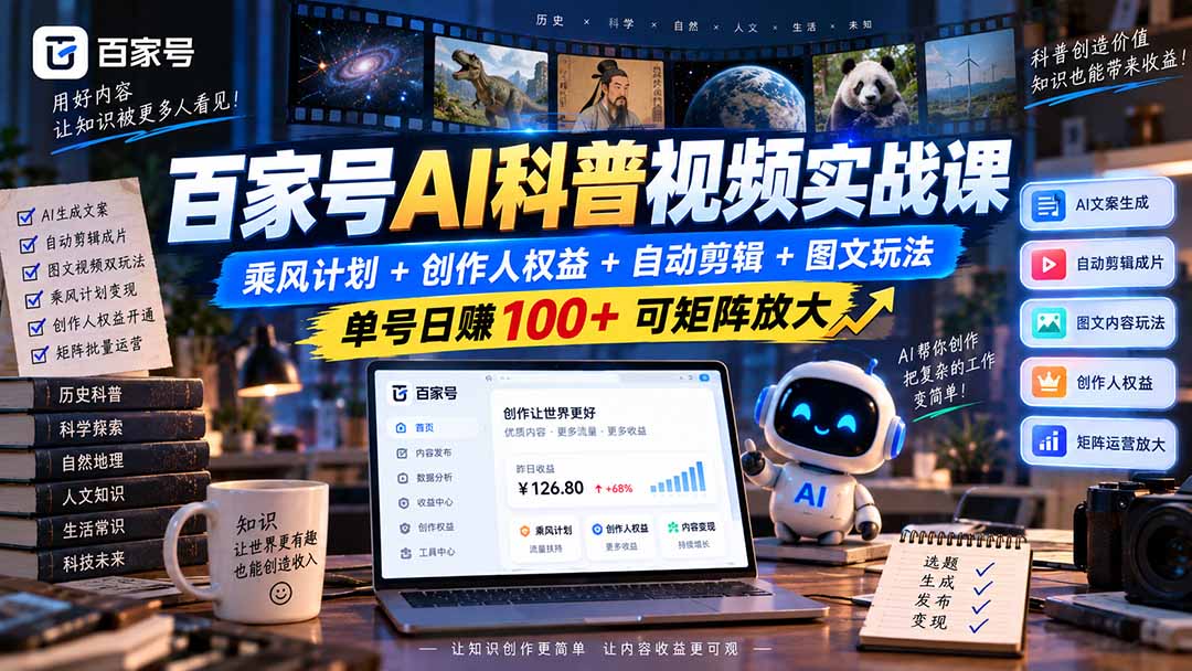 百家号AI科普视频实战课：乘风计划+创作人权益+自动剪辑+图文玩法，单号日赚100+可矩阵放大|一人科技OPC聚合软件