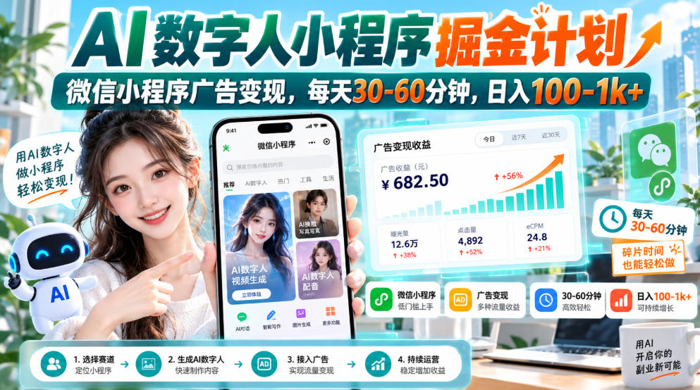 【无水印】AI数字人小程序掘金计划，微信小程序广告变现，每天30‑60分钟，日入100‑1k+|一人科技OPC聚合软件