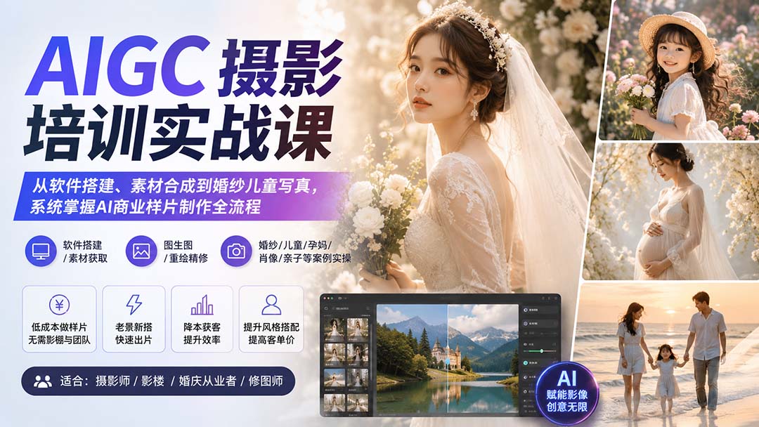 AIGC摄影培训实战课：从软件搭建、素材合成到婚纱儿童写真，系统掌握AI商业样片制作全流程|一人科技OPC聚合软件