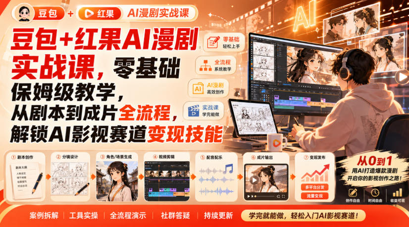 豆包+红果AI漫剧实战课，零基础保姆级教学，从剧本到成片全流程，解锁AI影视赛道变现技能|一人科技OPC聚合软件