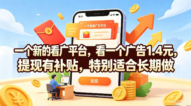 一个新的看广平台，看一个广告1.4元，提现有补贴，特别适合长期做【揭秘】|一人科技OPC聚合软件