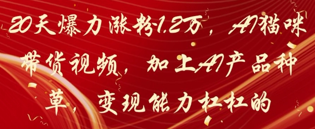 20天爆力涨粉1.2W，AI猫咪带货视频，加上AI产品种草，变现能力杠杠的|HOOK协议网