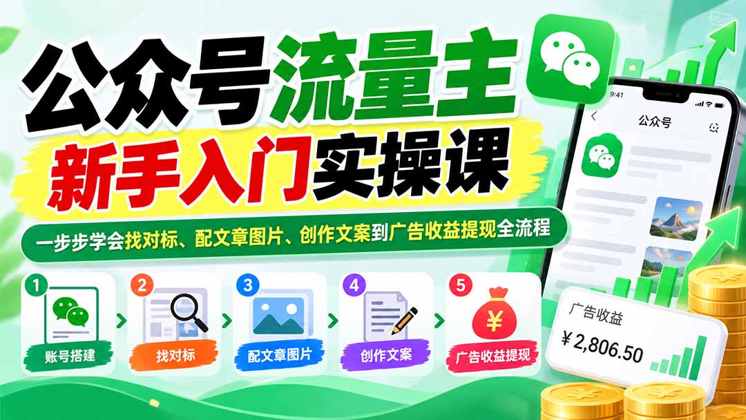 公众号流量主新手入门实操课：一步步学会找对标、配文章图片、创作文案到广告收益提现全流程|一人科技OPC聚合软件