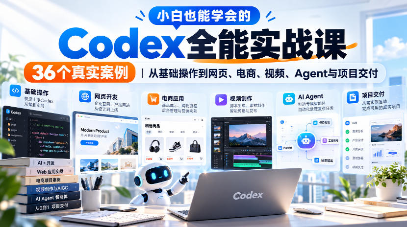 小白也能学会的Codex全能实战课｜36个真实案例，从基础操作到网页、电商、视频、Agent与项目交付|一人科技OPC聚合软件