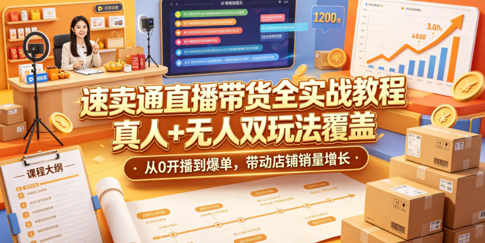 速卖通直播带货全实战教程，真人+无人双玩法覆盖，从0开播到爆单，带动店铺销量增长|一人科技公司导航