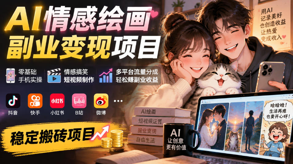 AI情感绘画副业变现项目｜零基础手机实操，情感搞笑短视频制作，多平台流量分成轻松賺副业收益|一人科技OPC聚合软件