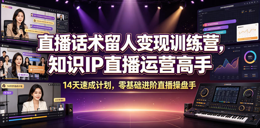 直播话术留人变现训练营，知识IP直播运营高手，14天速成计划，零基础进阶直播操盘手|一人科技OPC聚合软件