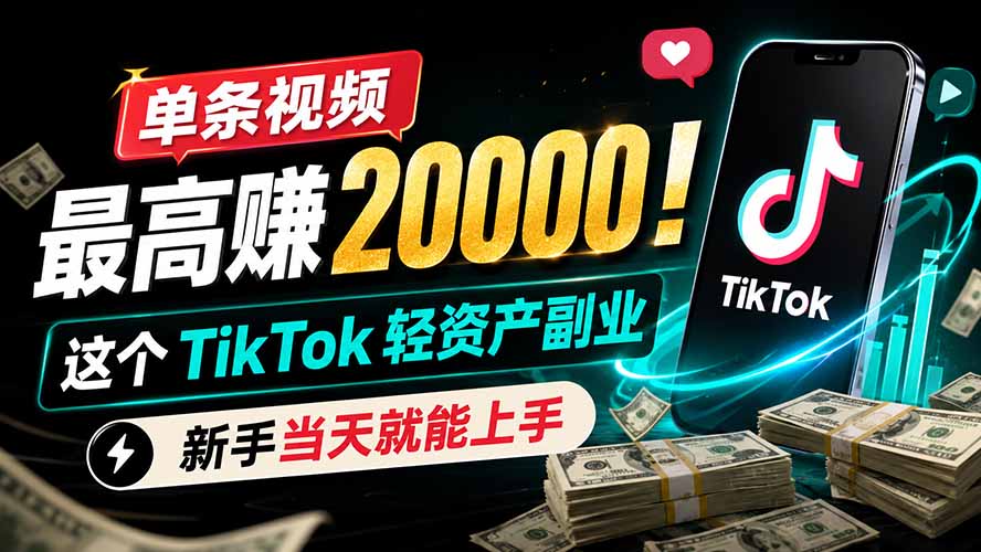 单条视频最高赚 20000！这个 TikTok 轻资产副业，新手当天就能上手|一人科技OPC聚合软件