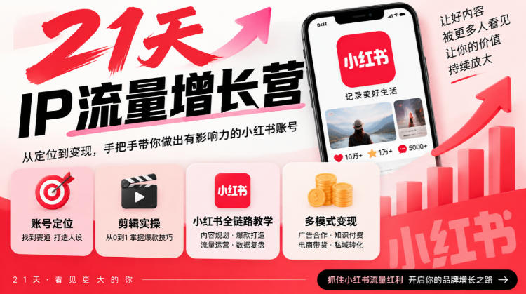 21天IP流量增长营，小红书全链路教学，账号定位剪辑实操，多模式变现系统课|一人科技OPC聚合软件