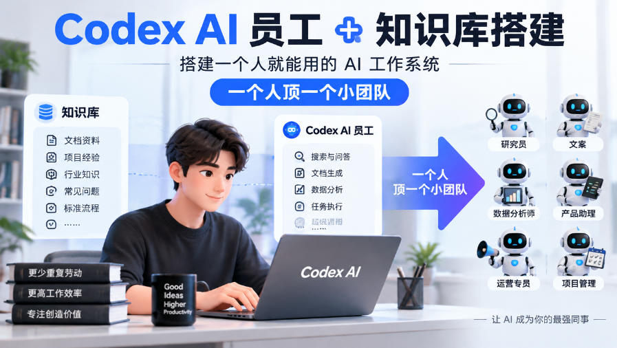Codex AI员工+知识库搭建，搭建一个人就能用的AI工作系统，一个人顶一个小团队|一人科技OPC聚合软件