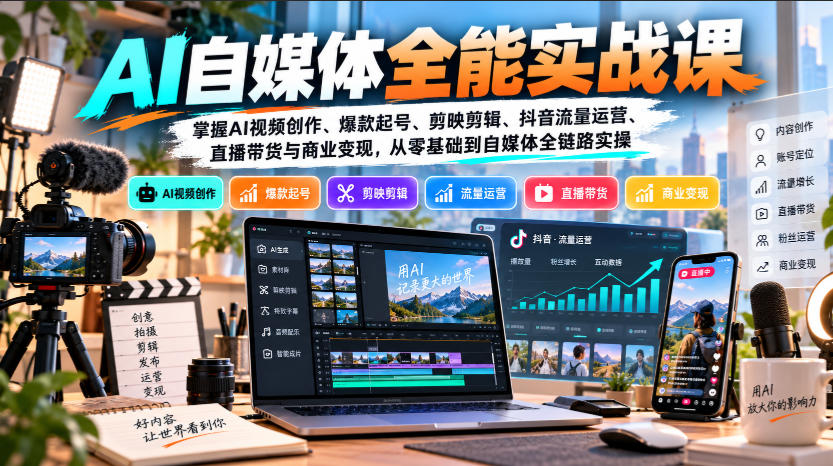 【无水印】AI自媒体全能实战课，掌握AI视频创作、爆款起号、剪映剪辑、抖音流量运营、直播带货与商业变现，从零基础到自媒体全链路实操|一人科技OPC聚合软件