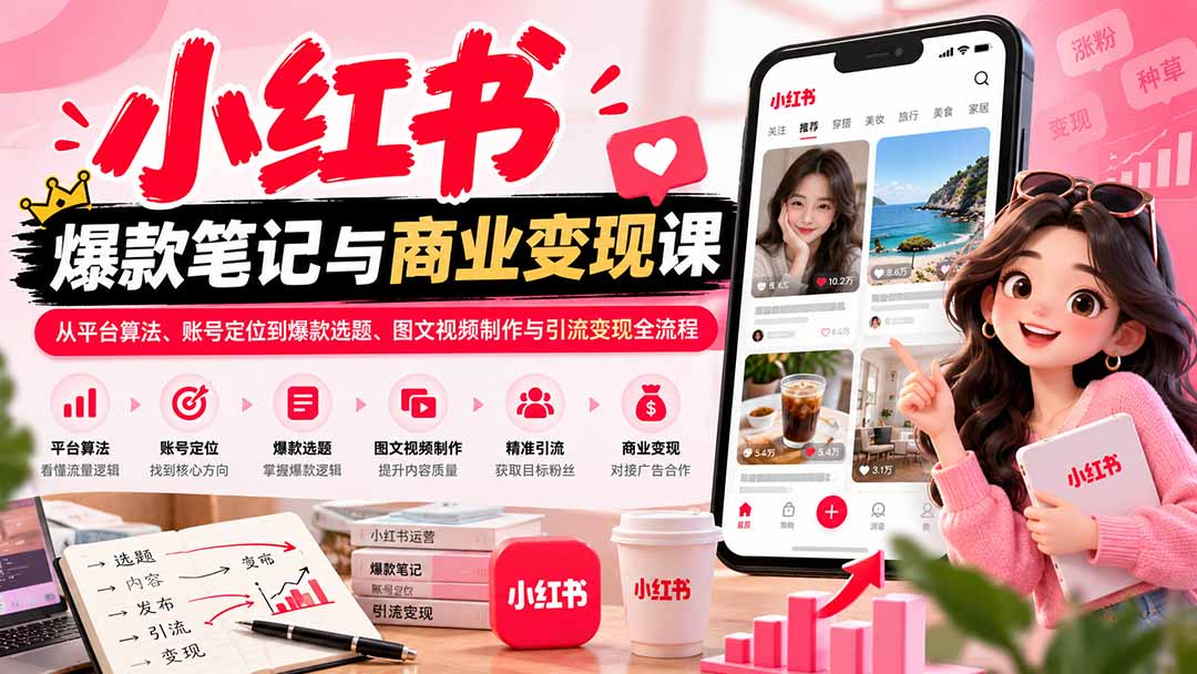 2026小红书爆款笔记与商业变现课：从平台算法、账号定位到爆款选题、图文视频制作与引流变现全流程|一人科技OPC聚合软件