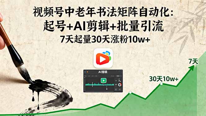 视频号中老年书法矩阵自动化：起号+AI剪辑+批量引流 7天起量30天涨粉10w+|HOOK协议网