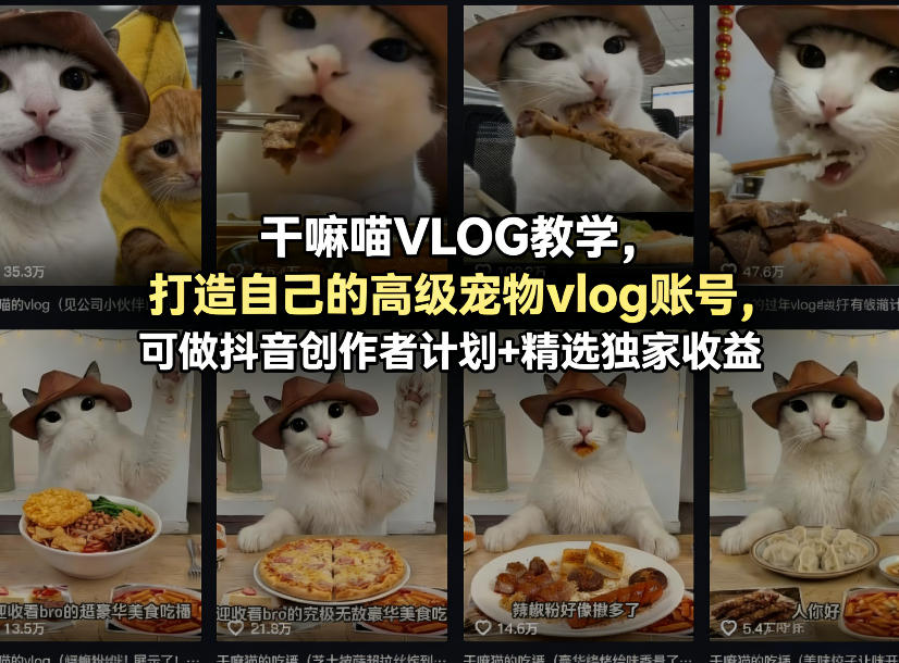 干嘛喵VLOG教学，打造自己的高级宠物vlog账号，可做抖音创作者计划+精选独家收益|协议软件打粉软件