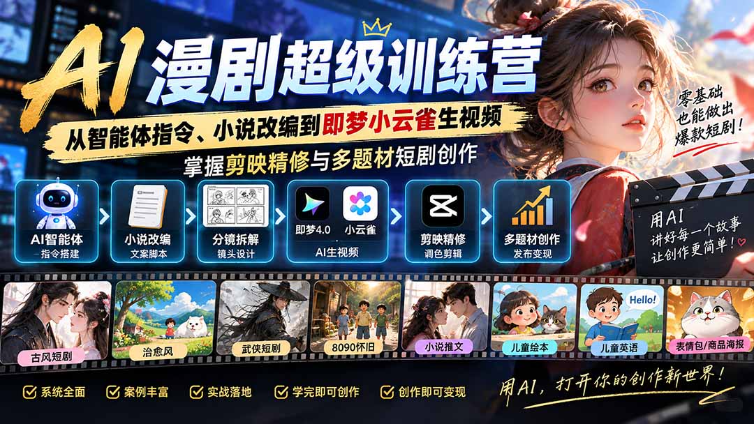 AI漫剧超级特训营：从智能体指令、小说改编到即梦小云雀生视频，掌握剪映精修与多题材短剧创作|一人科技OPC聚合软件