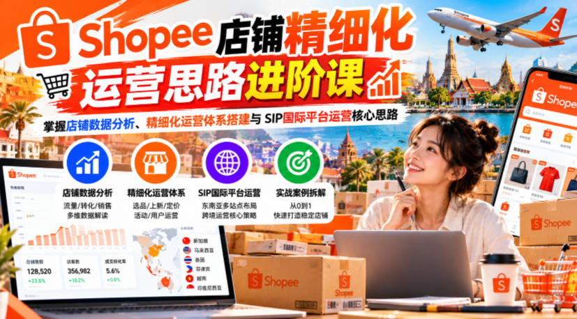 Shopee店铺精细化运营思路进阶课，掌握店铺数据分析、精细化运营体系搭建与SIP国际平台运营核心思路|一人科技OPC聚合软件