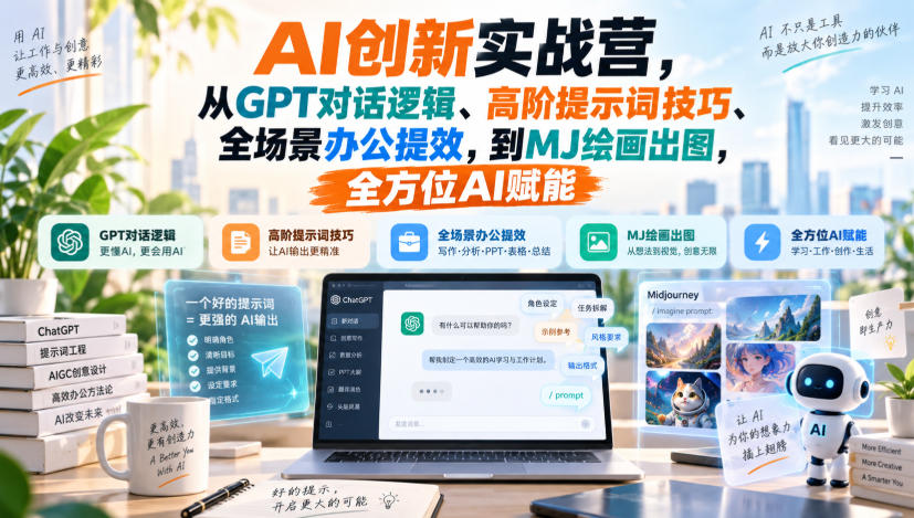 AI创新实战营，从GPT对话逻辑、高阶提示词技巧、全场景办公提效，到MJ绘画出图，全方位AI赋能|一人科技OPC聚合软件