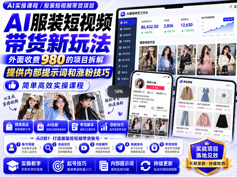 外面收费980AI快手带货系统课程，内部课程首次外放，操作简单高效，一分钟一条爆款视频|一人科技OPC聚合软件