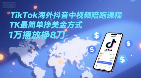 TikTok海外抖音中视频陪跑课程，TK最简单挣美金方式，1万播放挣8刀|HOOK协议网