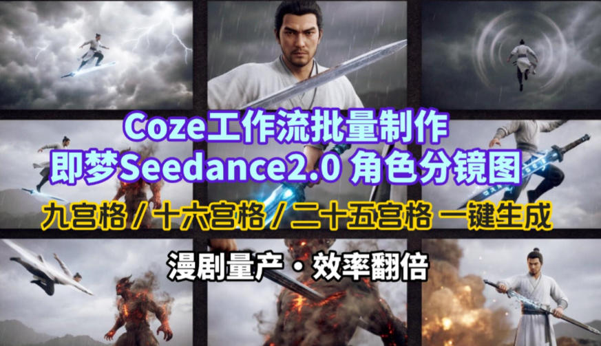 Coze工作流批量制作即梦Seedance2.0角色分镜图，九宫格-十六宫格-二十五宫格一键生成，漫剧量产，效率翻倍|协议软件打粉软件