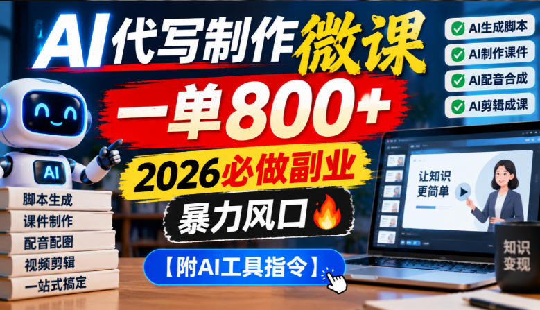 AI代写制作微课，一单800+，2026必做副业，暴力风口【附AI工具指令】【揭秘】|一人科技OPC聚合软件