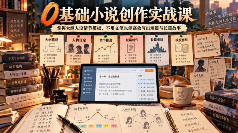 0基础小说创作实战课｜掌握大纲人设情节模板，不用文笔也能高效写出短篇与长篇故事|一人科技OPC聚合软件