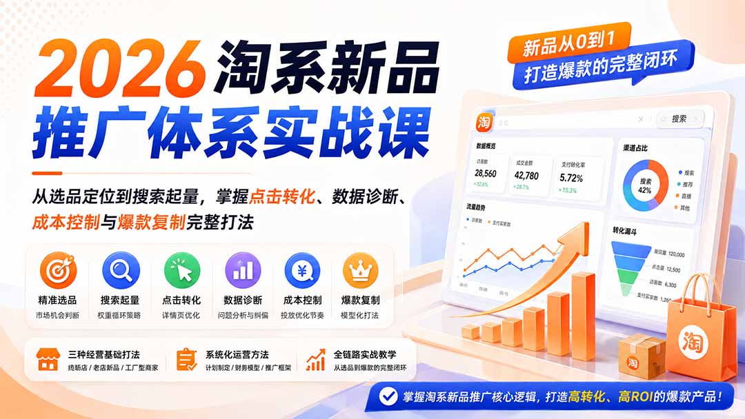 2026淘系新品推广体系实战课：从选品定位到搜索起量，掌握点击转化、数据诊断、成本控制与爆款复制完整打法|一人科技OPC聚合软件