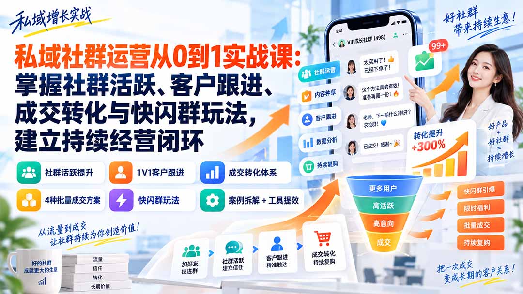私域社群运营从0到1实战课：掌握社群活跃、客户跟进、成交转化与快闪群玩法，建立持续经营闭环|一人科技OPC聚合软件