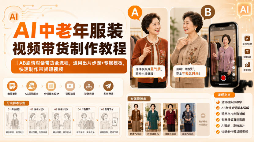 AI中老年服装视频带货制作教程｜AB剧情对话带货全流程，通用出片步骤+专属模板，快速制作带货短视频|一人科技OPC聚合软件