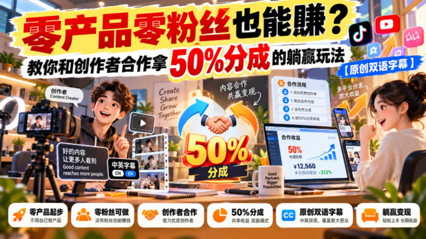 【无水印】零产品零粉丝也能賺？教你和创作者合作拿50%分成的躺赢玩法【原创双语字幕】|一人科技OPC聚合软件