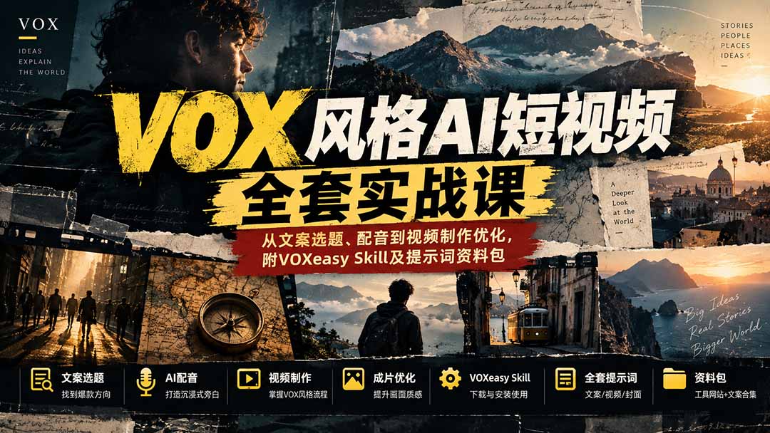 【无水印】VOX风格AI短视频全套实战课：从文案选题、配音到视频制作优化，附VOXeasy Skill及提示词资料包|一人科技OPC聚合软件