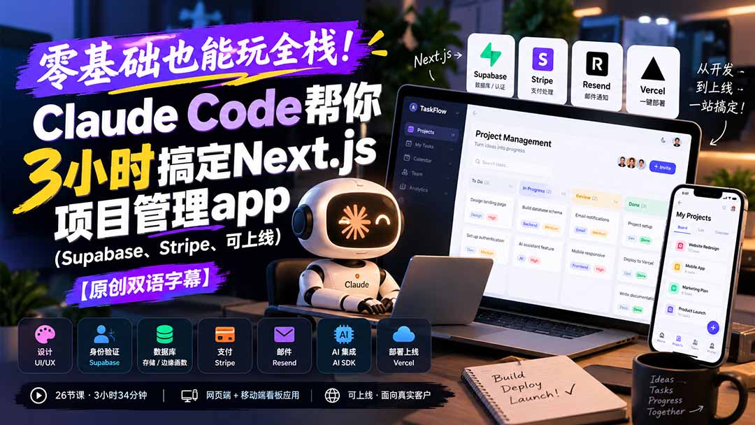零基础也能玩全栈！Claude Code帮你3小时搞定Next.js项目管理app(Supabase、Stripe、可上线|一人科技OPC聚合软件