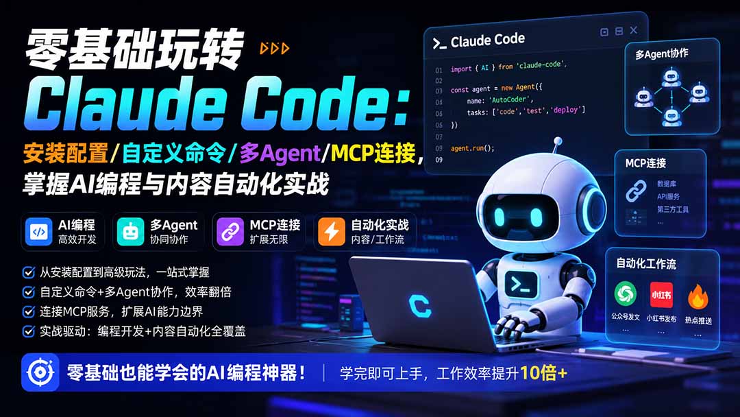 零基础玩转Claude Code：安装配置/自定义命令/多Agent/MCP连接，掌握AI编程与内容自动化实战|一人科技OPC聚合软件