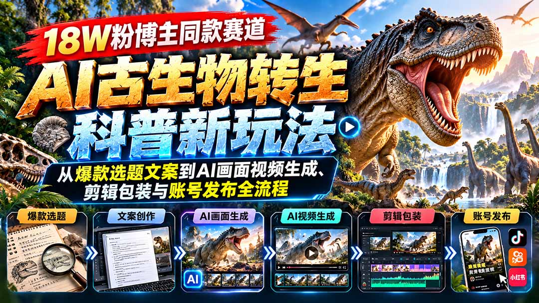 18W粉博主同款赛道-AI古生物转生科普新玩法：从爆款选题文案到AI画面视频生成、剪辑包装与账号发布全流程|一人科技OPC聚合软件
