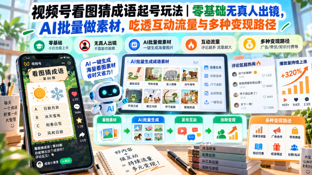 视频号看图猜成语起号玩法｜零基础无真人出镜，AI批量做素材，吃透互动流量与多种变现路径|一人科技OPC聚合软件