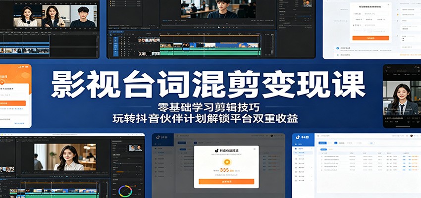 影视台词混剪变现课：零基础学习剪辑技巧，玩转抖音伙伴计划解锁平台双重收益|一人科技公司导航