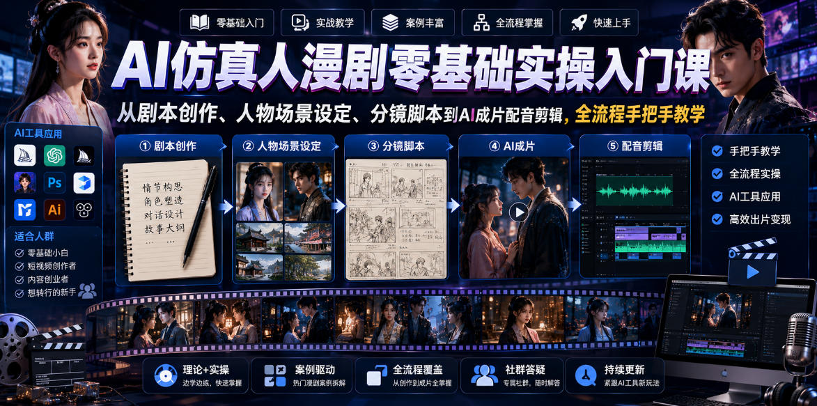 AI仿真人漫剧零基础实操入门课，从剧本创作、人物场景设定、分镜脚本到AI成片配音剪辑，全流程手把手教学|一人科技公司导航