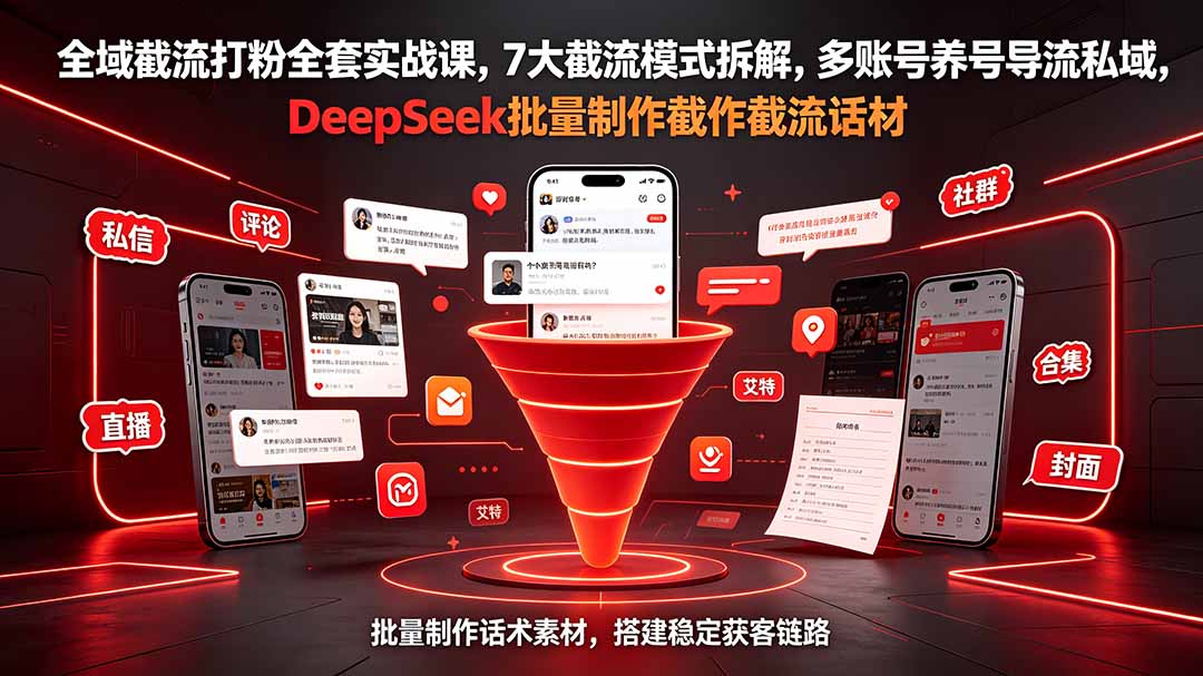 全域截流打粉全套实战课，7大截流模式拆解，多账号养号导流私域，DeepSeek批量制作截流话术素材|一人科技OPC聚合软件