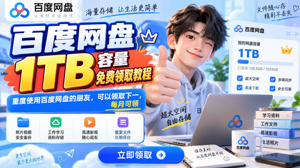 百度网盘1TB容量免费领取教程，重度使用百度网盘的朋友，可以领取下一，每月可领|一人科技OPC聚合软件