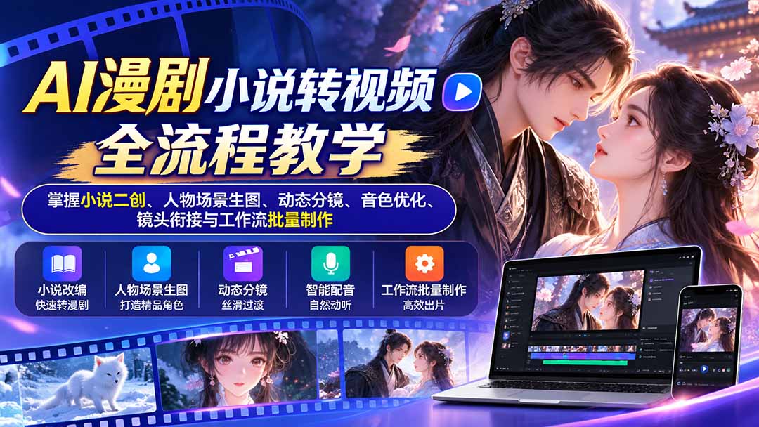 AI漫剧小说转视频全流程教学：掌握小说二创、人物场景生图、动态分镜、音色优化、镜头衔接与工作流批量制作|一人科技OPC聚合软件