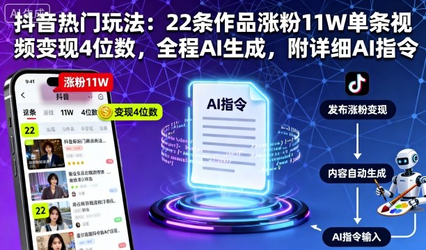 抖音热门玩法：22条作品涨粉11W单条视频变现4位数，全程AI生成，附详细AI指令|HOOK协议网