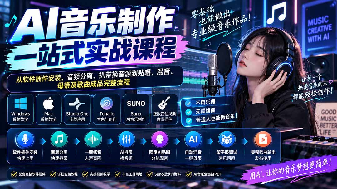 AI音乐制作一站式实战课程：从软件插件安装、音频分离、扒带换音源到贴唱、混音、母带及歌曲成品完整流程|一人科技OPC聚合软件