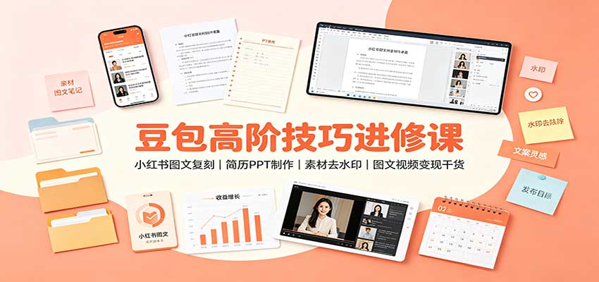 豆包高阶技巧进修课：小红书图文复刻，简历PPT制作，素材去水印，图文视频变现干货|一人科技OPC聚合软件