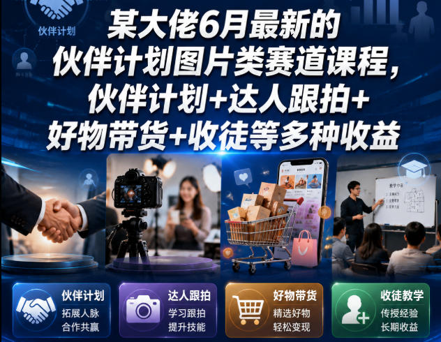 某大佬6月最新的伙伴计划图片类赛道课程，伙伴计划+达人跟拍+好物带货+收徒等多种收益|一人科技公司导航